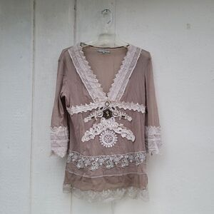 Passion Concept Tunic Sheer Top Embellished Lace Jewel Broach Beaded Mesh Sz XL